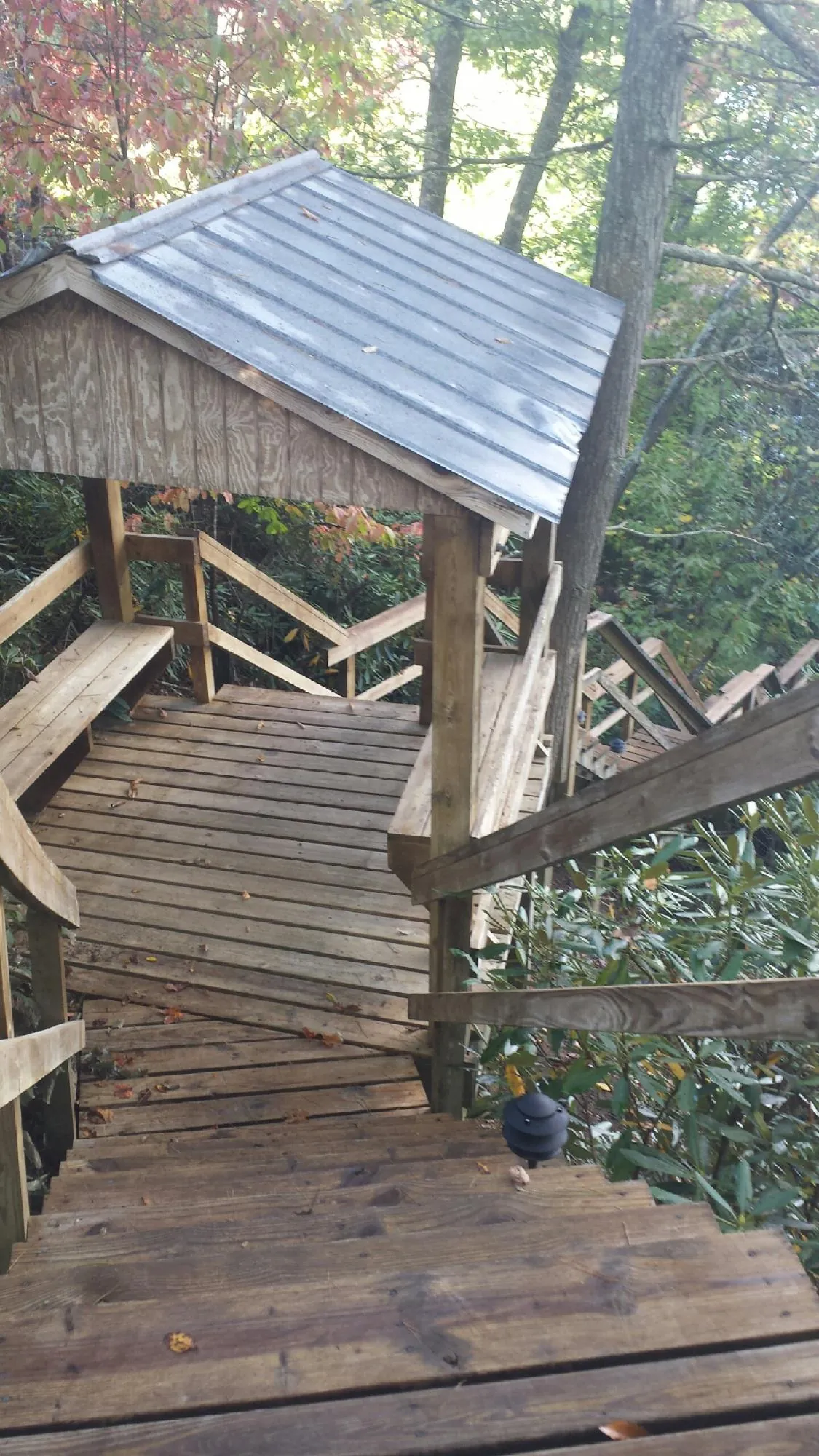 Metal roofed shelter over wooden steps on a wooded walkway — Skylight Repair & Installation work by our crew in Tall Timbers